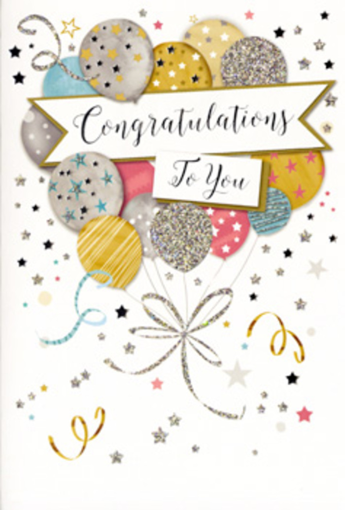 In this image, a sophisticated congratulations card is laid out as if ready to accompany flowers on their way to a doorstep somewhere in Stratford. The design centres on a large cluster of illustrated balloons, gathered in a loose bouquet that stretches upward across the card. Each balloon is plump and glossy, painted in delicate tones of champagne, muted gold, silver, soft blue, pale pink, and quiet grey, creating a palette that feels both festive and refined. Some of the balloons are coated with glittery accents that sparkle like city lights at dusk, while others feature tiny star patterns or fine stripes, lending variety without disrupting the serene harmony of the colours. Slender gold and silver ribbons spill from the base of the cluster, curling and twisting like the elegant tendrils of ribbon you might find tied around a hand-crafted gift. The background is light and airy, dotted with small metallic stars, swirling lines, and confetti-like flecks that appear to drift lazily, as though caught in the air at the end of a celebration. Across the centre, a gently unfurling banner cuts through the balloons, carrying a beautifully scripted message of congratulations in graceful, looping letters. The script feels personal, like a thoughtful note written to mark a promotion, graduation, or new chapter of life. The entire card exudes a glow of pride and joy, its subtle shimmer and layered textures suggesting a high-quality finish you can almost sense just by looking: slightly raised glitter, smooth card stock, and glossy details that would pair seamlessly with a bouquet chosen to celebrate life's bright moments in Stratford.
