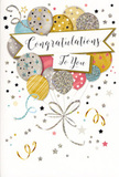 This congratulations card design evokes the excitement of a shared success, the kind that might be toasted with friends or family around Stratford after a milestone moment. At the centre, a buoyant cluster of illustrated balloons fills the composition, like a joyful arrangement floating upwards. Each balloon is round and softly reflective, coloured in chic shades of brushed gold, subtle silver, creamy champagne, pastel blue, blush pink, and understated grey. Their surfaces are embellished with an array of fine details-scattered metallic stars, slender stripes, and patches of sparkling glitter that hint at a gentle shimmer as light passes over them. From the balloon knots, fine ribbons drawn in metallic gold and silver fall gracefully, looping and curling towards the bottom of the card with the fluidity of real curling ribbon trailing from a bouquet handle. The background remains pale and open, sprinkled with tiny stars and confetti specks that suggest the lingering glow of a celebration, much like the atmosphere after a toast in a local Stratford restaurant or home. Cutting through the centre of the balloon cluster is a soft banner, on which the phrase Congratulations To You is written in an elegant, calligraphic script that flows like ink across smooth paper. The balance of soft colours, delicate sparkle, and spacious composition gives the card a sense of polished joy-festive but not overwhelming. It feels perfect for accompanying flowers sent to mark exam results, a new role, or any success where you want your message of pride and happiness to feel as special and considered as the occasion itself.