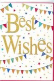 A charming Best Wishes card is shown, designed with the same lively spirit you might find at a community celebration in Stratford. At the centre, the greeting Best Wishes is written in rich golden script that appears slightly raised, as if carefully embossed with a fine glittering ink. The letters curve gracefully across the bright white background, catching light with a gentle shimmer reminiscent of evening reflections on the buildings around Stratford station. Enveloping the central message, arcs of colourful bunting sweep across the top and bottom edges of the card. Each tiny triangular flag is coloured in bold, happy shades-crimson, royal blue, fresh green, sunflower yellow, and magenta-some patterned with playful stripes, others dotted or adorned with small geometric designs. These miniature pennants feel as though they are fluttering above a street party or festival near the Queen Elizabeth Olympic Park, lending the card a sense of movement and festivity. Dotted between the bunting are small stars and confetti-like spots in matching hues, scattered lightly so they seem to float across the white space like tossed confetti paused in mid-flight. The overall design feels airy, joyful, and versatile, well-suited for a wide range of celebrations: congratulating someone on a promotion, sending luck before an important move, or marking a special achievement. Tucked into a fresh floral arrangement from a local Stratford florist, this card would carry your message of support to homes around West Ham, Maryland, or the streets surrounding Westfield, its shimmering gold script and lively bunting amplifying the warmth and positivity of your best wishes.
