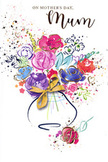 In this Mother's Day card design, a lively bouquet seems to burst into bloom across the page, painted with the same sense of movement and care you might see in a Stratford florist's studio. Lush purples, playful pinks, serene blues, and flashes of radiant red flowers flow together in loose, watercolour strokes, the shapes of each bloom suggested rather than crisply outlined. Deep indigo lines gently guide the eye through the arrangement, giving structure without confining its joyful energy. Throughout the petals and leaves, fine gold highlights catch the light, reminiscent of the subtle shimmer of city lights reflecting in Stratford's evening windows. The bouquet springs from a soft, rounded vase, its form created in translucent layers of colour and adorned with an elegant golden bow that evokes the tactile pleasure of tied ribbon on a freshly prepared gift. Around the main cluster of flowers, scattered flecks of paint ripple outward like petals tossed into the air in celebration, filling the surrounding white space with a festive, uplifting mood. The palette remains bright yet delicate, evoking the promise of spring mornings and the gentle warmth of appreciation. It feels like the visual echo of arranging a same-day flower delivery for Mother's Day in Stratford - a thoughtful, colourful expression of gratitude, love, and admiration. Even without words, the composition speaks directly to the heart, offering a quiet reminder of how powerful a simple gesture, like sending flowers, can be in honouring the bond between mother and child.